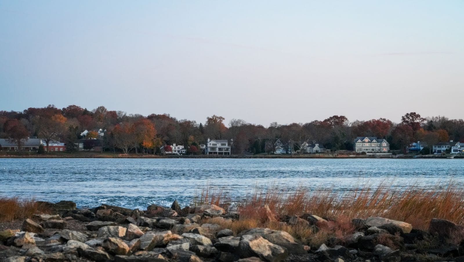 A lakeshore with houses and autumn trees