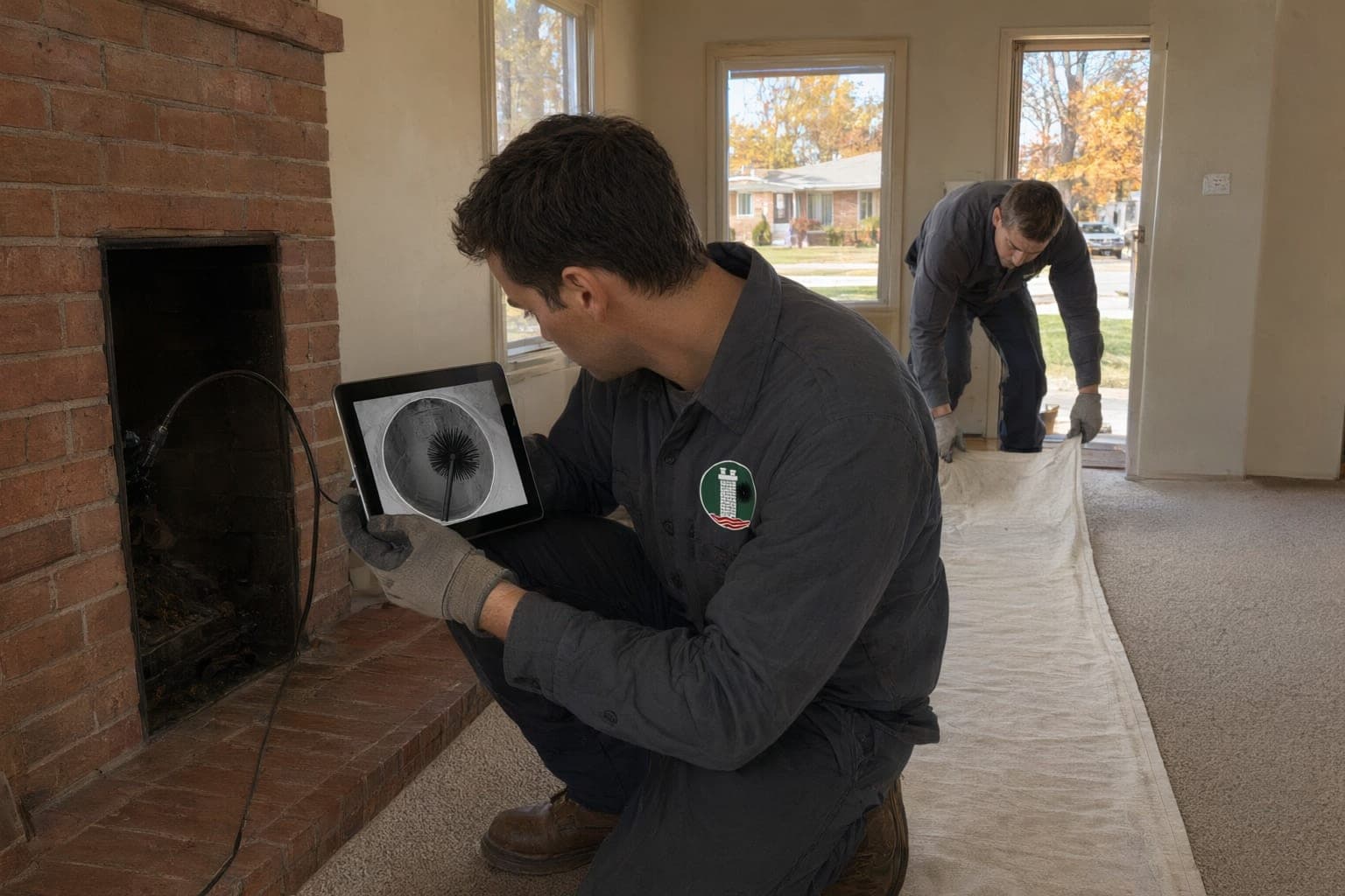 Crew member kneeling at a brick fireplace watching an inspection camera feed on a tablet