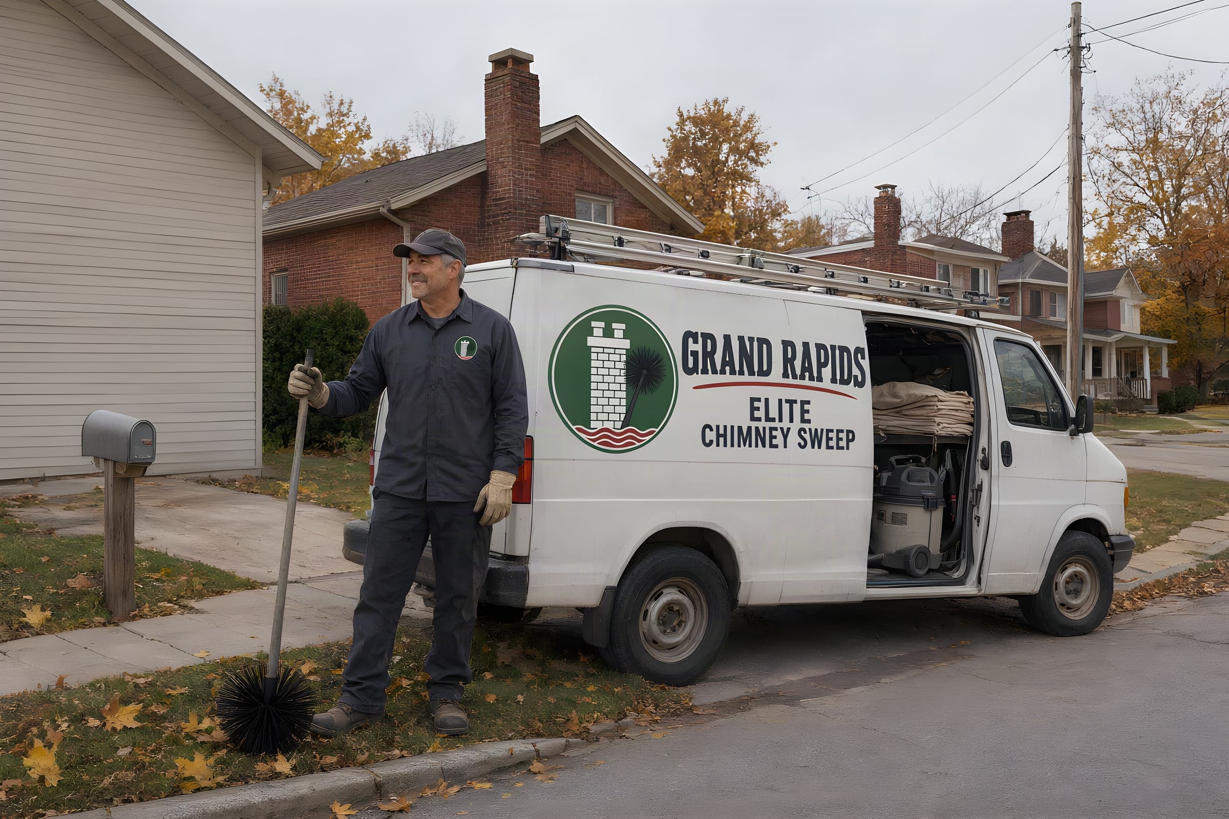 Chimney sweep crew lead holding a flue brush beside the Grand Rapids Elite Chimney Sweep van on a brick-house street